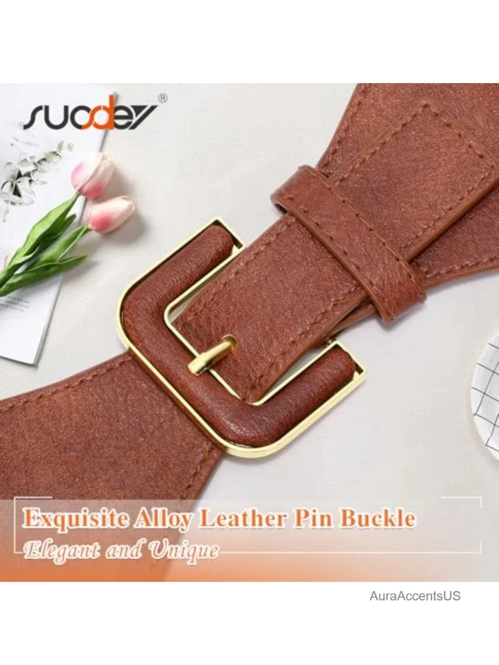 Wide Waist Belt with Gold Buckle Faux Leather Elastic Chunky Dress Belt